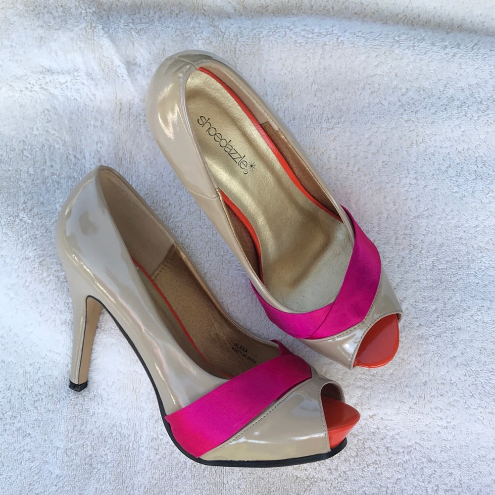 ShoeDazzle Platform Heels Tan, Pink, & Orange
